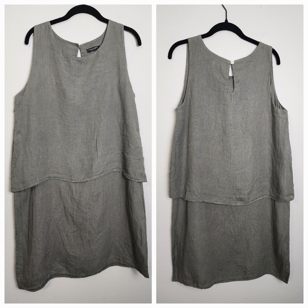 Lungo L'arno Sage Green Linen Tiered Dress Sleeveless Made in Italy Size Large